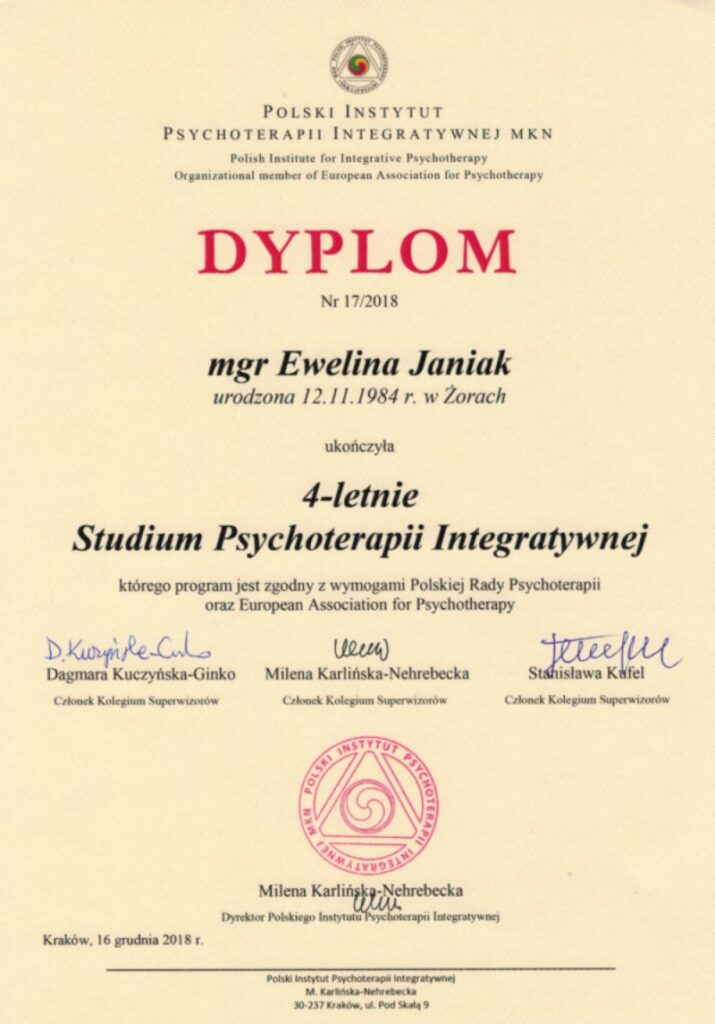 Ewelina Janiak - dyplom ukończenia szkoły psychoterapii