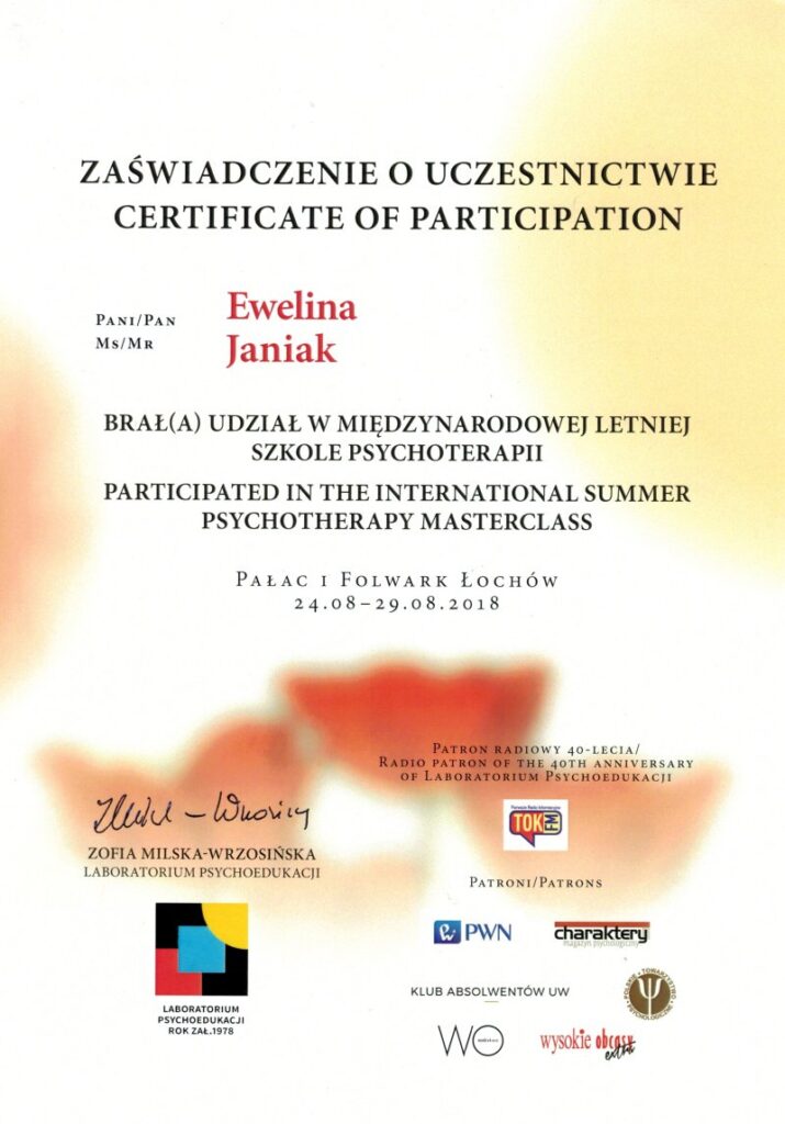 Ewelina Janiak - letnia szkoła psychoterapii