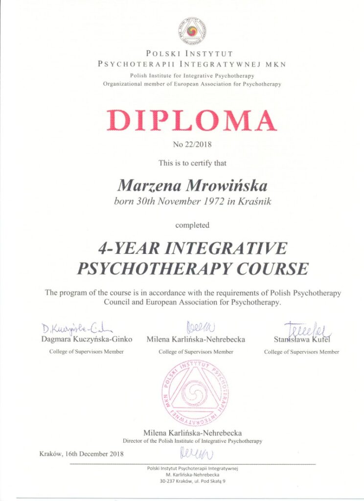 Marzena Mrowińska - psychoterapia integratywna - dyplom