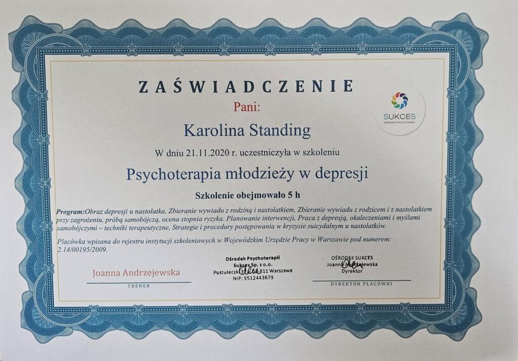 Karolina Standing - psychoterapia młodzieży w depresji