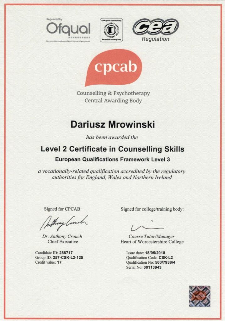 Dariusz Mrowiński - counselling skills level 2 CPCAB