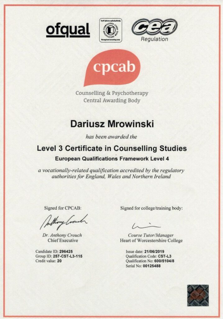 Dariusz Mrowiński - counselling studies level 3 CPCAB